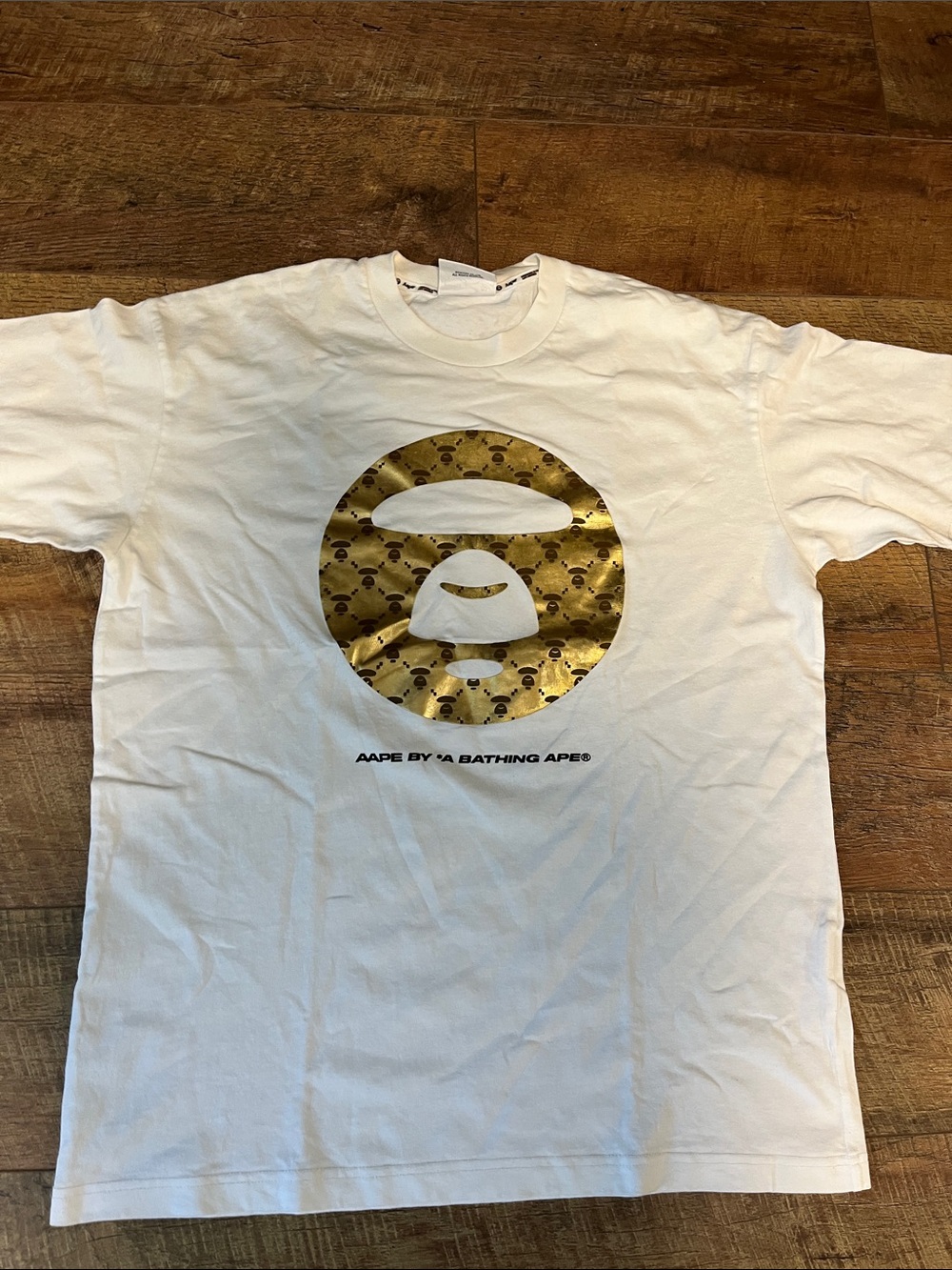 Bape White T-Shirt with Gold Ape Head Graphic